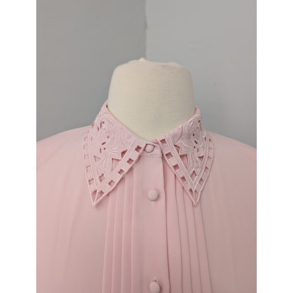 80s Croft & Barrow XL Pink Blouse Cutwork Embroidered Collar Pin Tuck Pleats - Picture 4 of 9